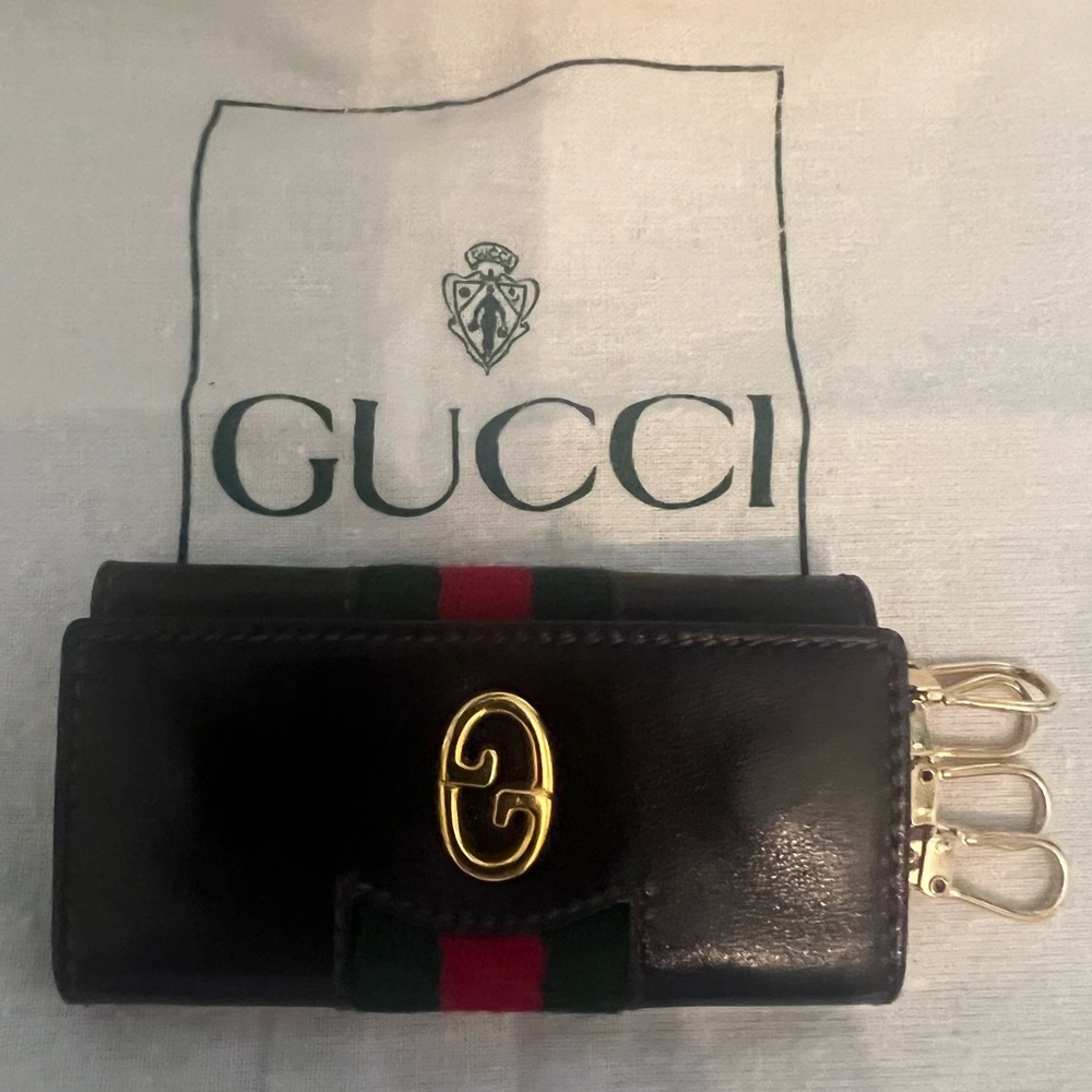 Gucci Vintage Dark Brown Leather Key Case with Red and Green Web